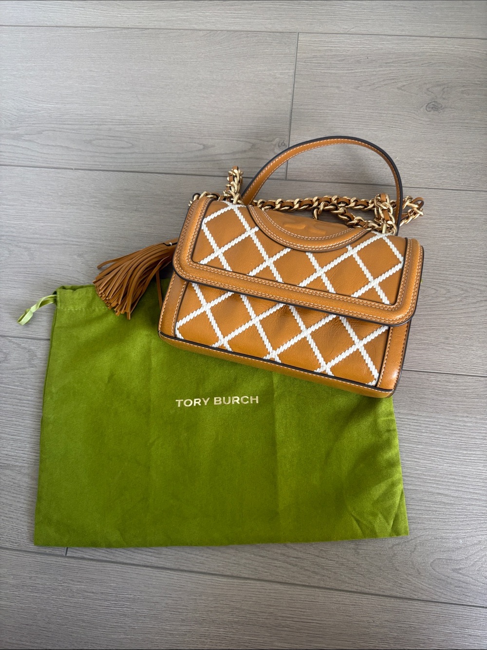 Tory Burch Tan Leather Quilted Crossbody with Gold Chain